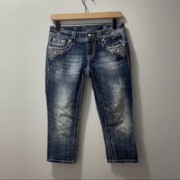 Miss Me Rhinestone Signature Cuffed Distressed Western Jean Capris Embellished - Picture 2 of 9